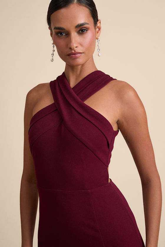 Head to Cocktail Hour Burgundy Halter Neck Maxi Dress 2