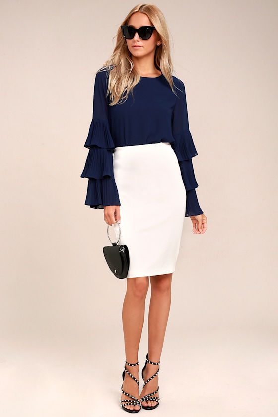 Chic Navy Blue Top Long Sleeve Top Pleated Sleeve Top