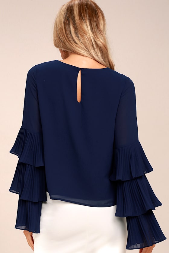 Chic Navy Blue Top Long Sleeve Top Pleated Sleeve Top