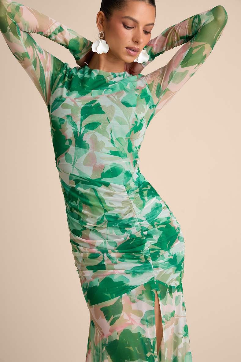 Vibrant Poise Green Floral Print Mesh Ruched Maxi Dress