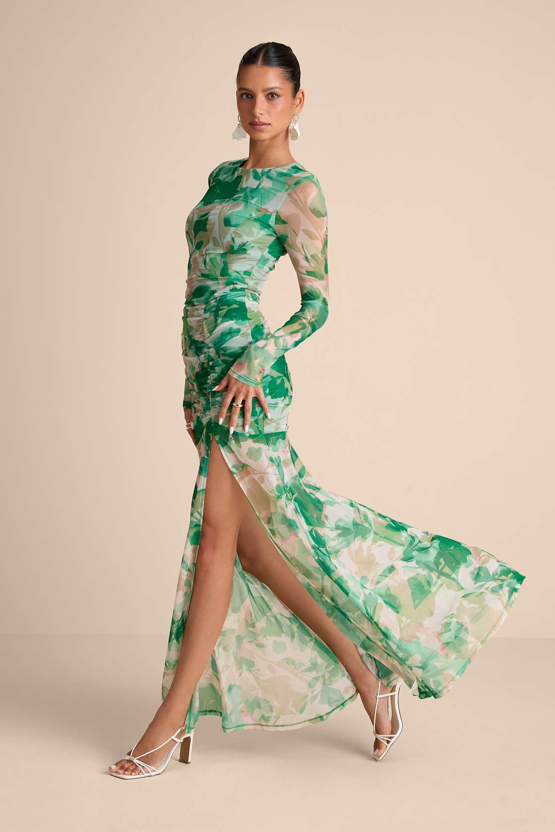 Vibrant Poise Green Floral Print Mesh Ruched Maxi Dress
