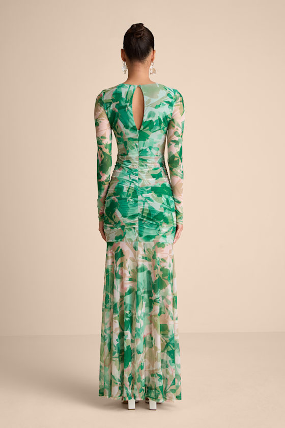 Lulus Vibrant Poise Green Floral Print Mesh Ruched Maxi Dress In Green