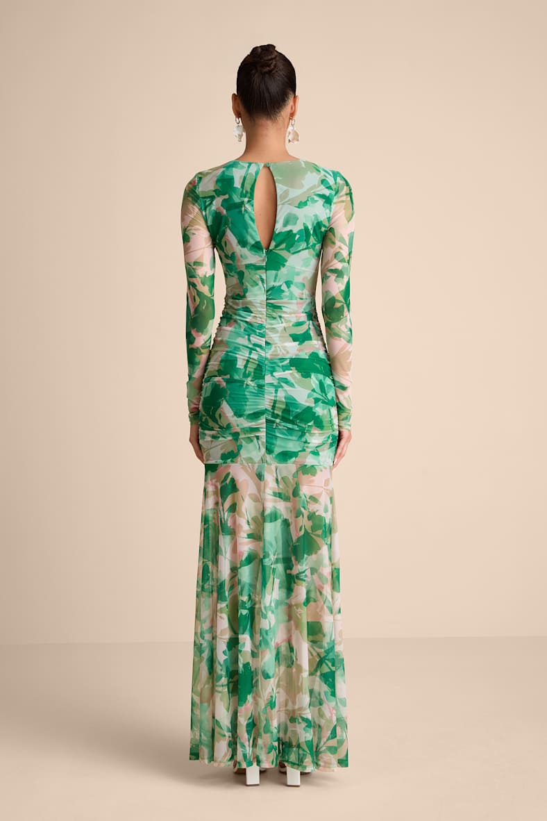 Vibrant Poise Green Floral Print Mesh Ruched Maxi Dress