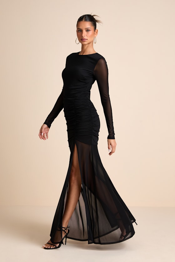 Image of Vibrant Poise Black Mesh Ruched Maxi Dress