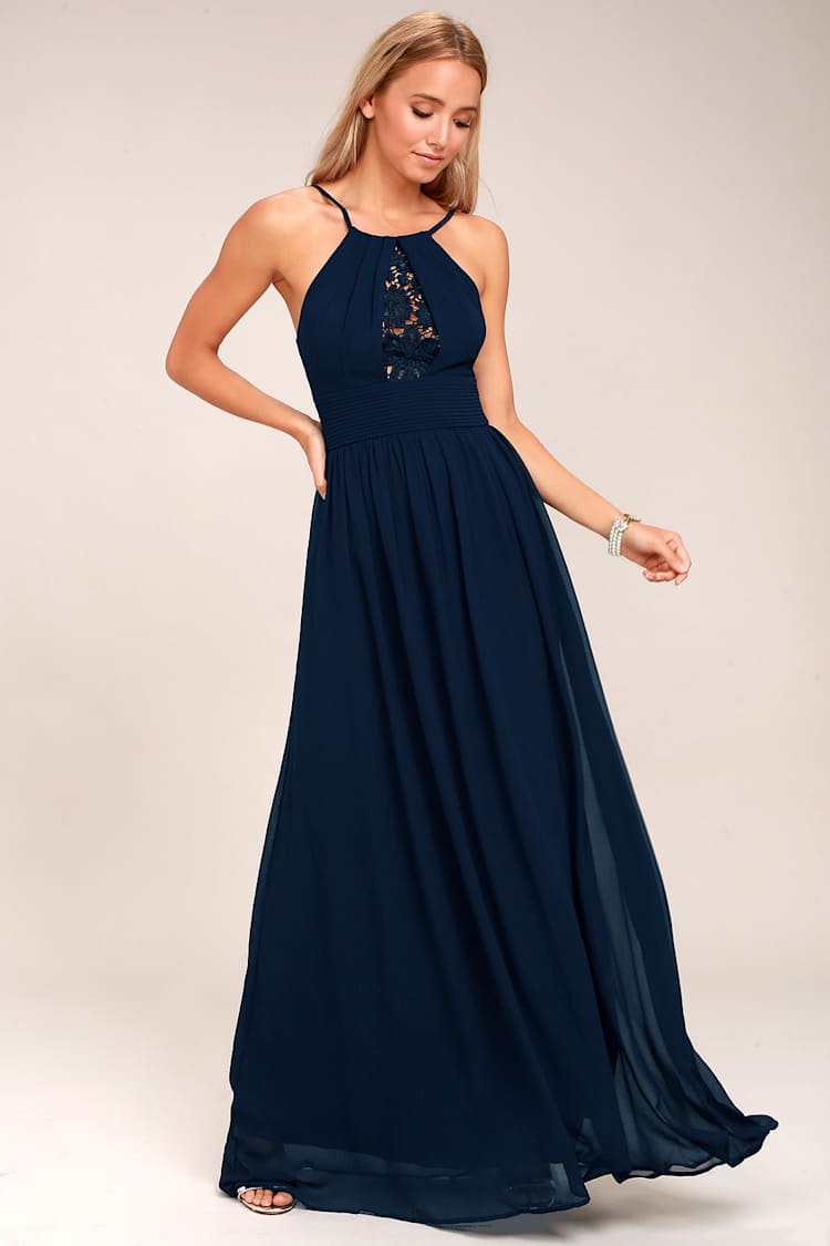 Cherish the Night Navy Blue Lace Maxi Dress