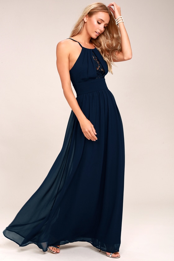 Stunning Maxi Dress - Navy Blue Dress - Lace Insert Dress - Lulus