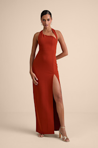 Unforgettable Rust Red Asymmetrical Halter Maxi Dress 1