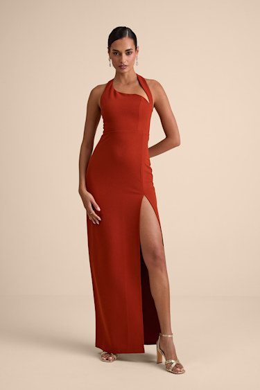 Unforgettable Rust Red Asymmetrical Halter Maxi Dress