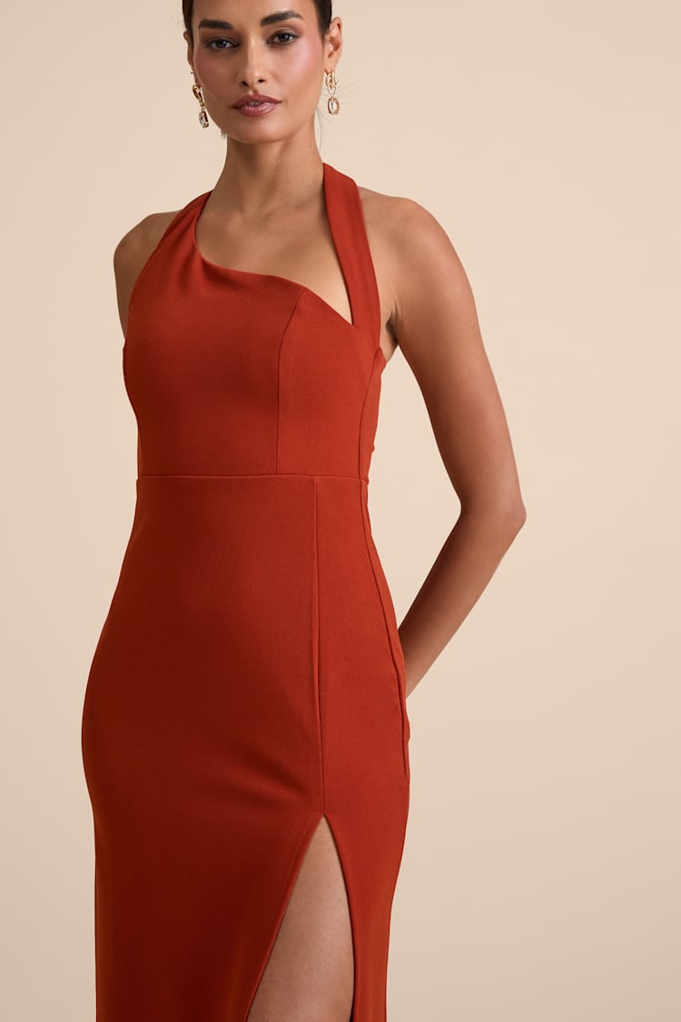 Unforgettable Rust Red Asymmetrical Halter Maxi Dress