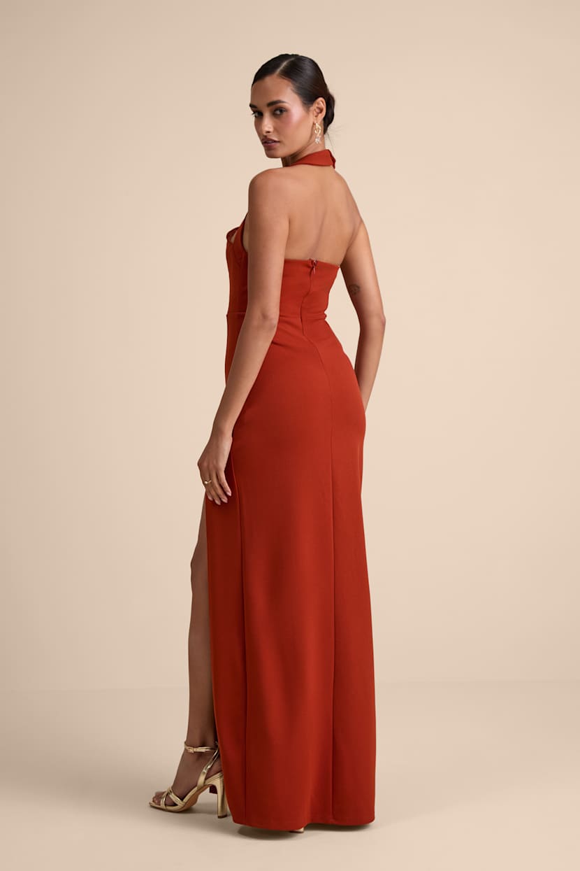 Unforgettable Rust Red Asymmetrical Halter Maxi Dress