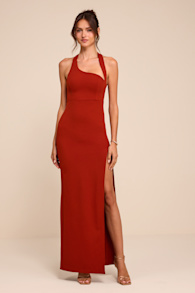 Unforgettable Rust Red Asymmetrical Halter Maxi Dress 2