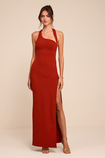 Unforgettable Rust Red Asymmetrical Halter Maxi Dress 2
