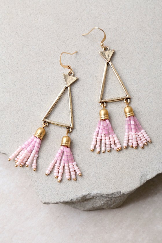 Favorite Feature Gold and Pink Beaded Tassel Earrings 1