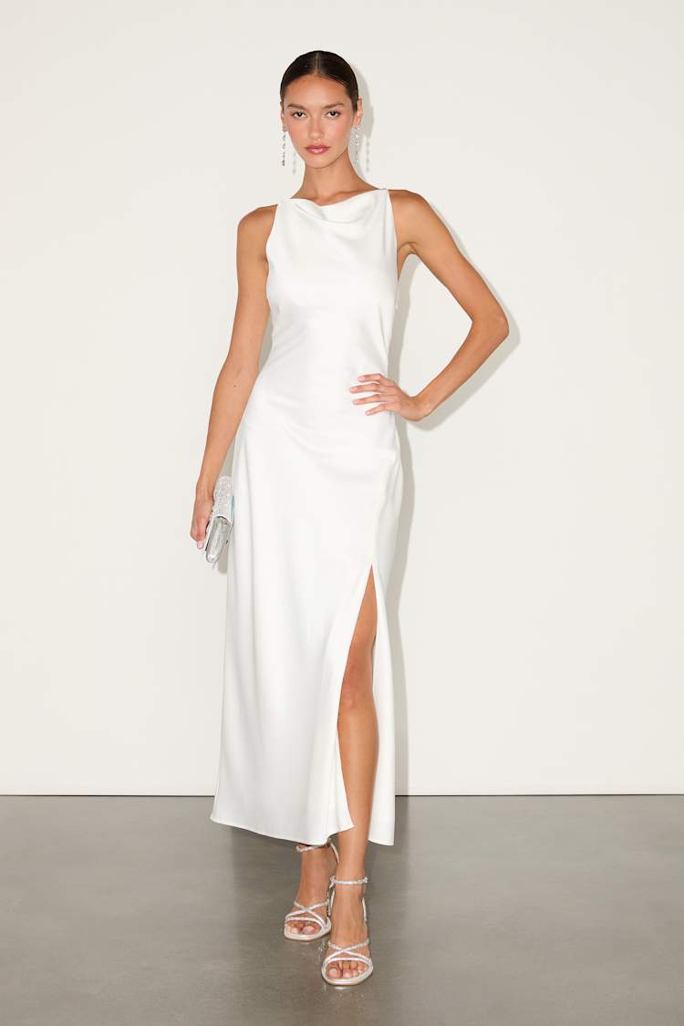 Elynne White Satin Cowl Neck Midi Dress