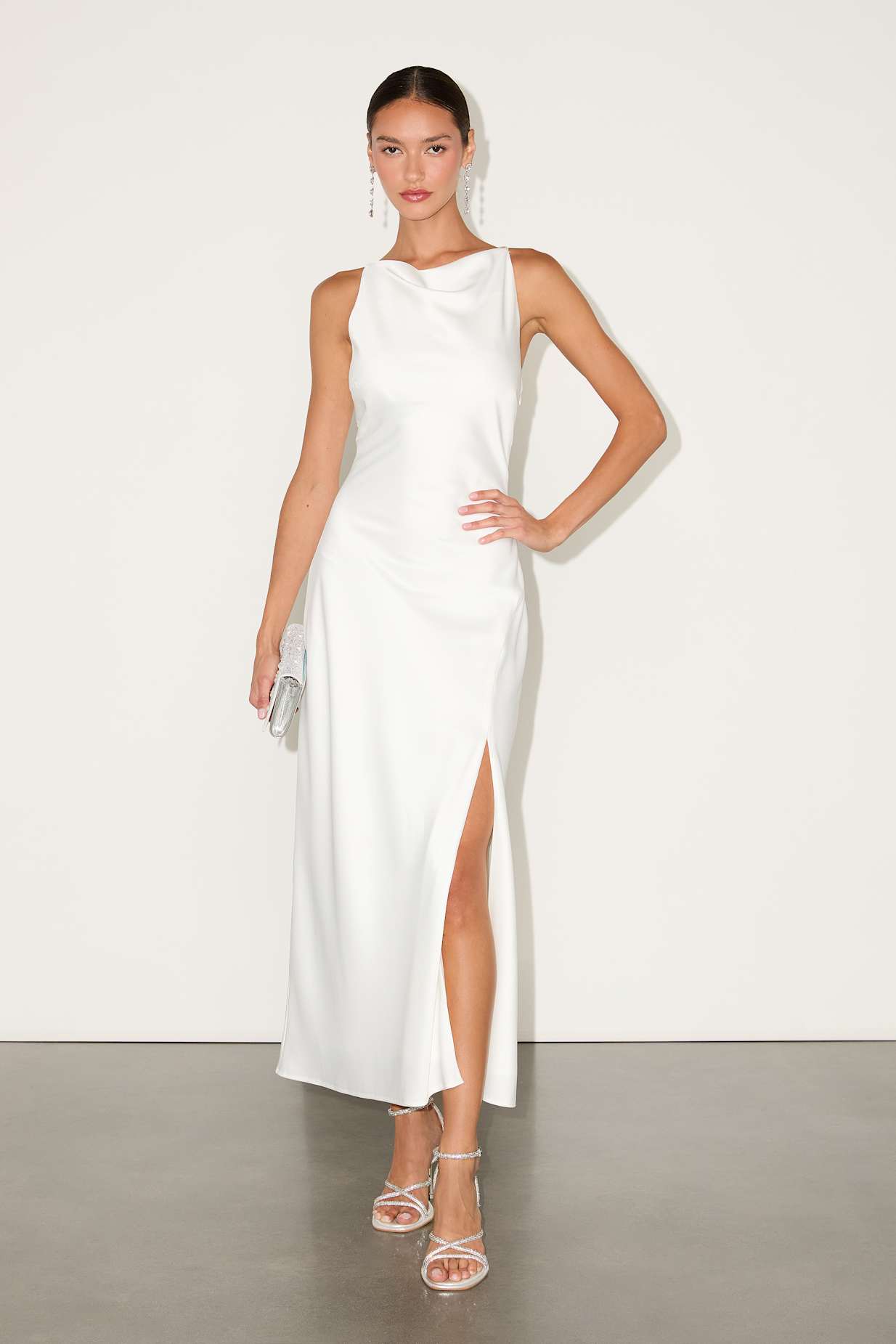 Elynne White Satin Cowl Neck Midi Dress