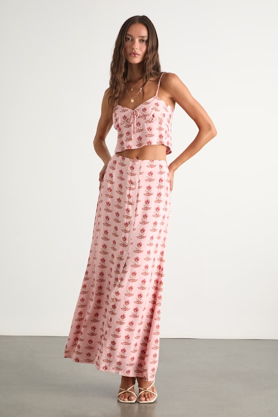 Chel Pink Boho Print Button-Front Maxi Skirt 1