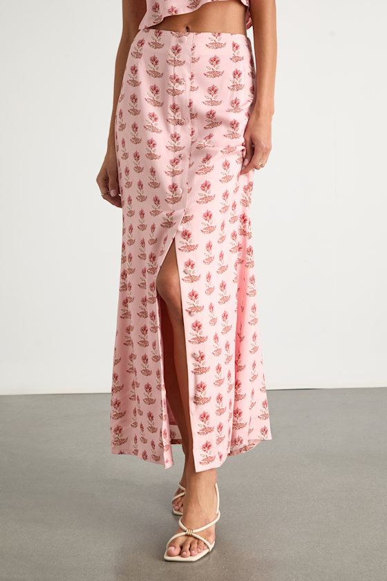 Chel Pink Boho Print Button-Front Maxi Skirt 2