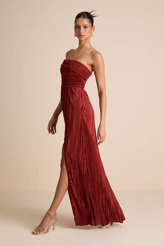 Image of Poised Performance Rust Red Plisse One-Shoulder Maxi Dress