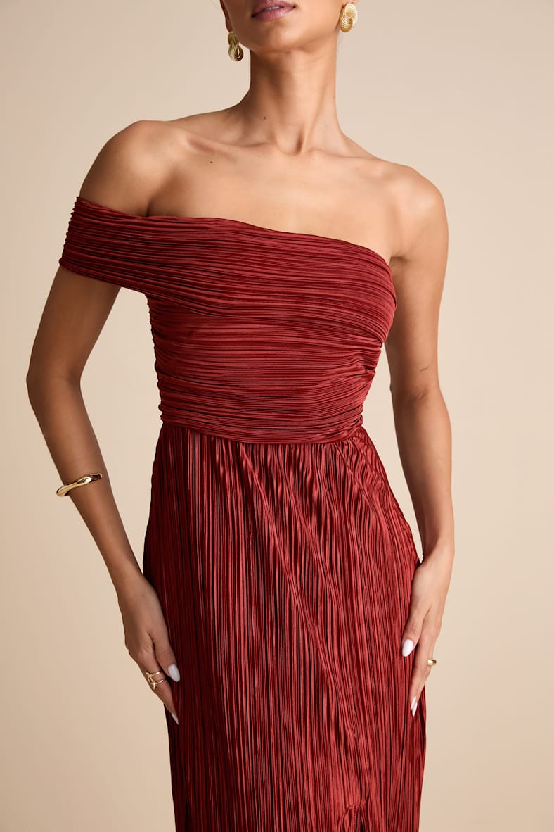 Poised Performance Rust Red Plisse One-Shoulder Maxi Dress