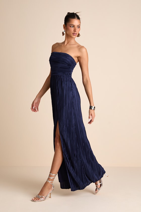 Image of Poised Performance Navy Plisse One-Shoulder Maxi Dress