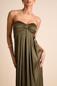 Memorable Entrance Olive Green Strapless Satin Maxi Dress 4