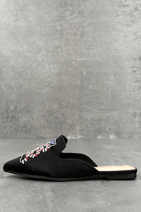Masie Black Satin Beaded Loafer Slides 1