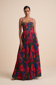 Kinleigh Red Multi Abstract Pleated Bustier Maxi Dress 1