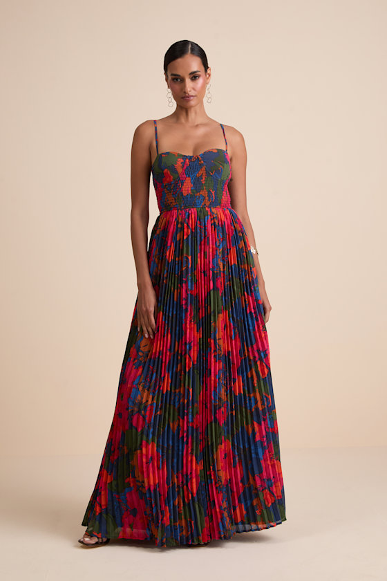 Kinleigh Red Multi Abstract Pleated Bustier Maxi Dress 1