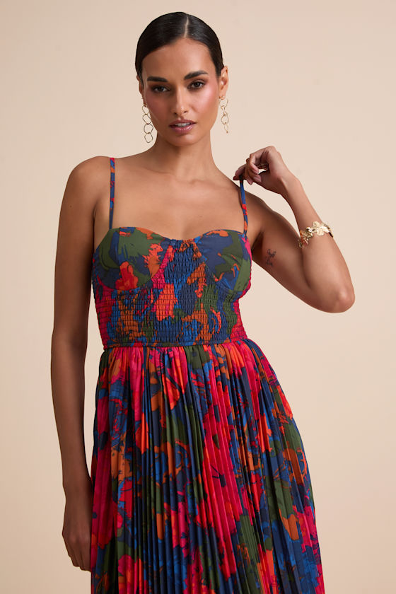 Kinleigh Red Multi Abstract Pleated Bustier Maxi Dress 2