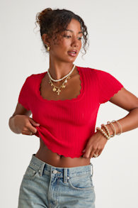Shannah Bright Red Pointelle Knit Short Sleeve Top 1