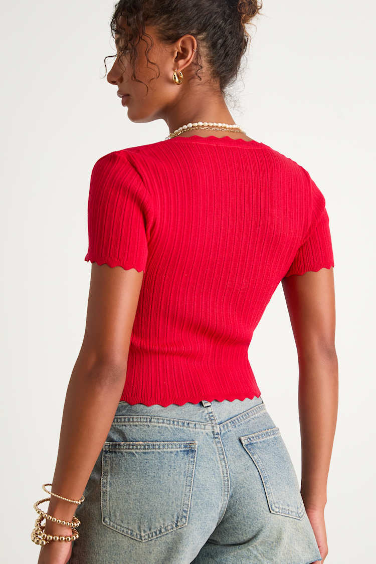 Shannah Bright Red Pointelle Knit Short Sleeve Top
