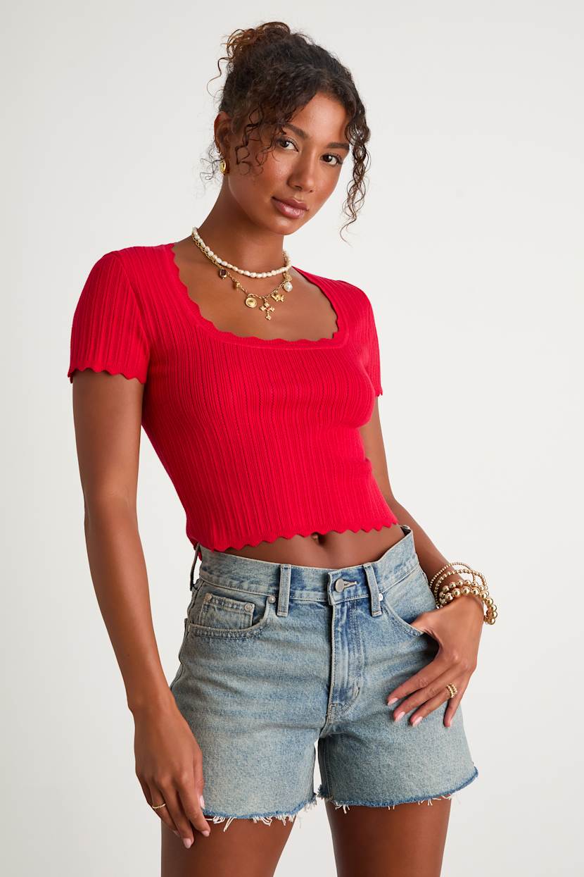 Shannah Bright Red Pointelle Knit Short Sleeve Top