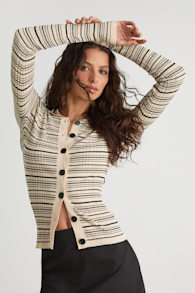 Lucie Cream and Black Striped Button-Up Sweater Top 1