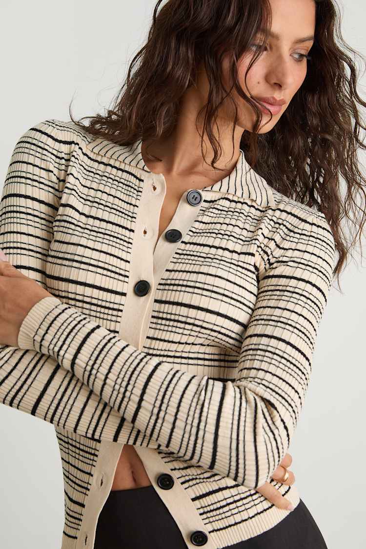 Lucie Cream and Black Striped Button-Up Sweater Top