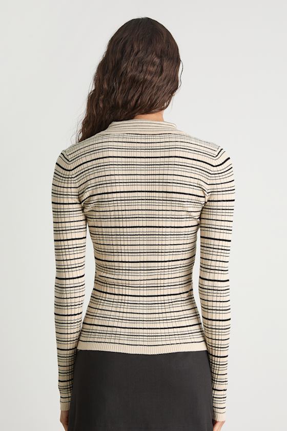 Lucie Cream and Black Striped Button-Up Sweater Top - thumbnail 3