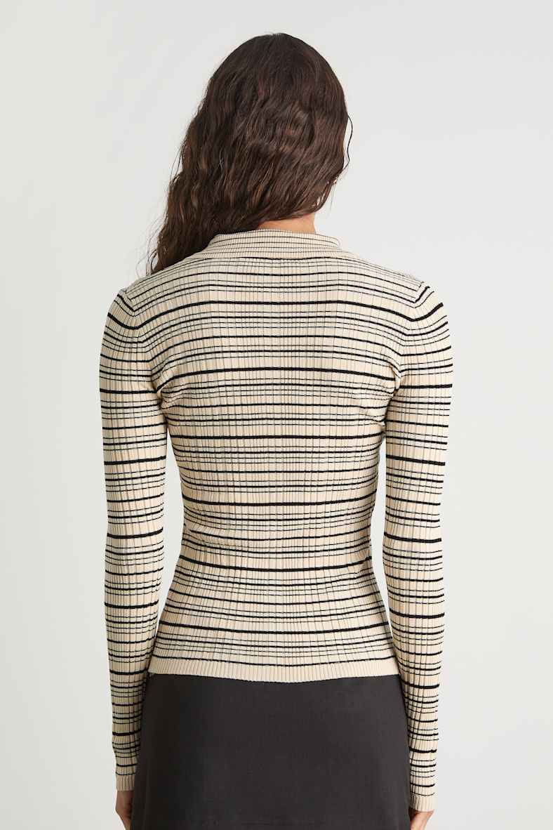 Lucie Cream and Black Striped Button-Up Sweater Top