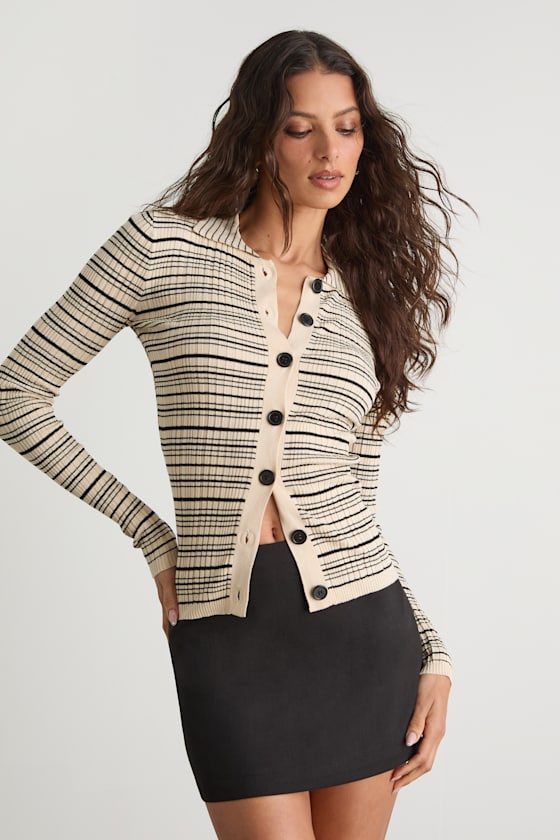 Lucie Cream and Black Striped Button-Up Sweater Top - thumbnail 4