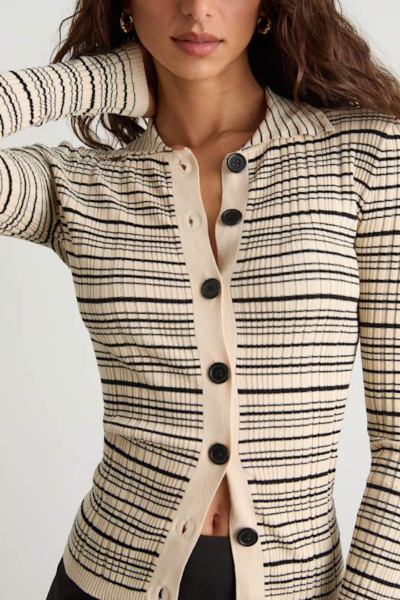 Lucie Cream and Black Striped Button-Up Sweater Top - thumbnail 5