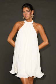Vaivah White Satin Plisse Mock Neck Swing Mini Dress 2