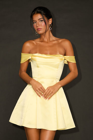 Yellow Satin Dress Lace-Up Mini Dress Off-the-Shoulder Dress