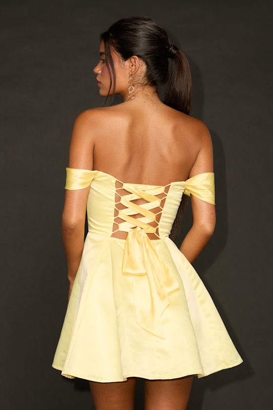 Lulus Rhylee Light Yellow Satin Lace-up Off-the-shoulder Mini Dress In Yellow