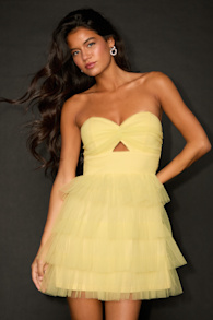 Sapphira Light Yellow Tulle Tiered Cutout Mini Dress 1