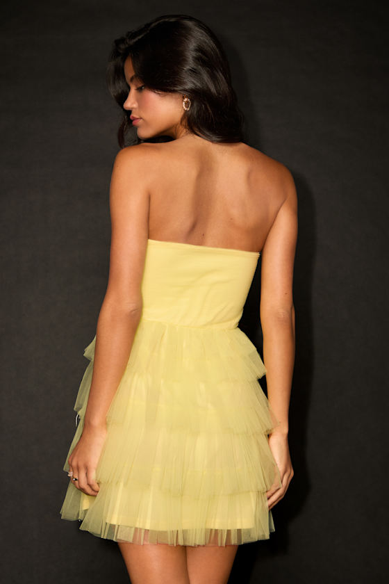 Sapphira Light Yellow Tulle Tiered Cutout Mini Dress 2