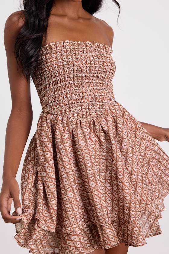 Brown Geometric Print Dress - Smocked Mini Dress - Skater Dress - Image 2