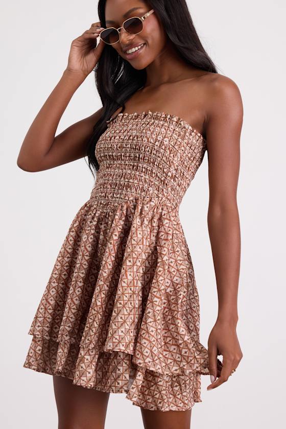 Brown Geometric Print Dress - Smocked Mini Dress - Skater Dress - Image 5