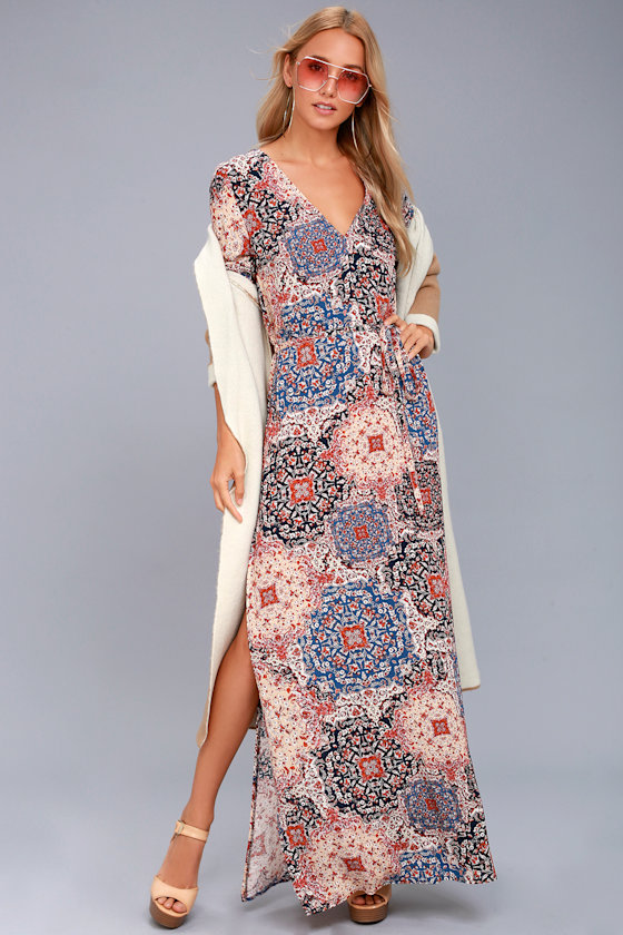 Mosaic Marvel Rust Orange Print Long Sleeve Maxi Dress 2