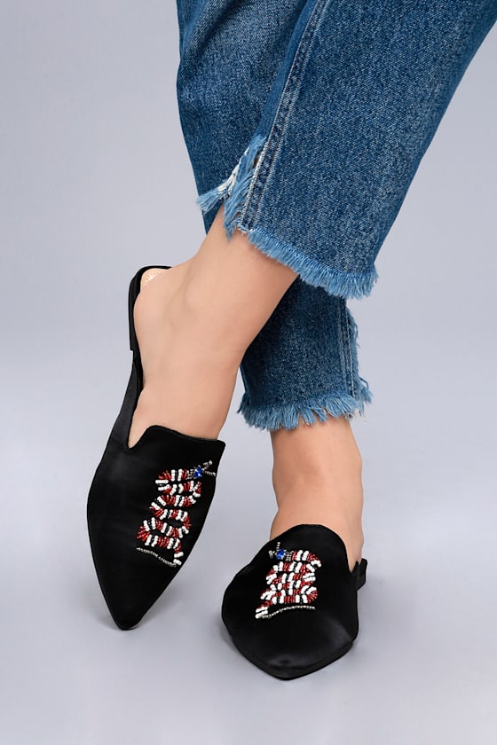 Masie Black Satin Beaded Loafer Slides 5