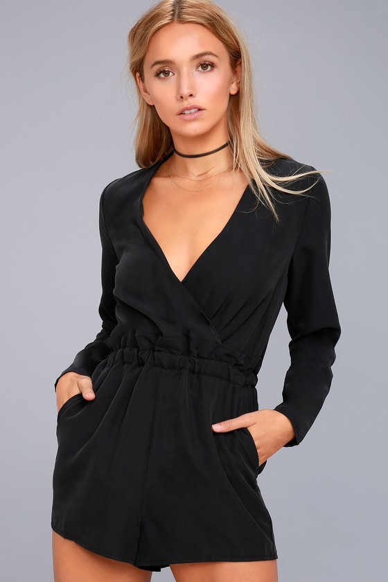 Tavik Sure Thing - Washed Black Romper - Long Sleeve Romper - Lulus