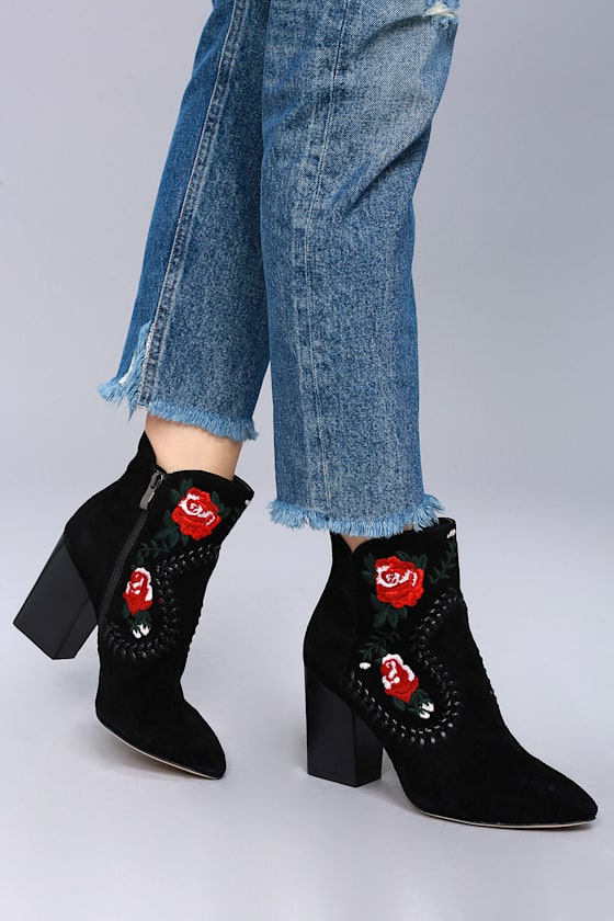 Silent D Manda Black Suede Leather Embroidered Ankle Booties 5