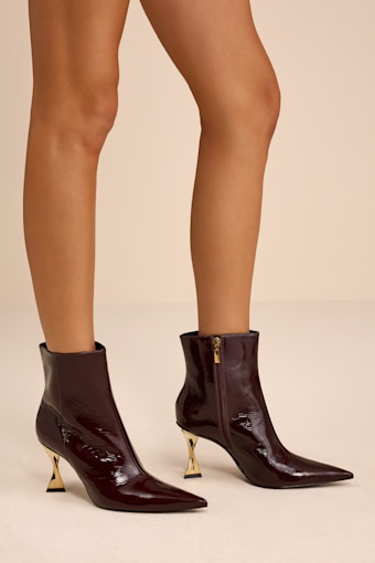 Elisha Maplewood Patent Pointed-Toe Ankle Booties 1
